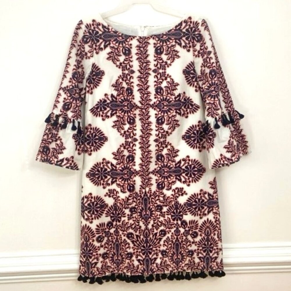 Vince Camuto Sheath‎ Dress Sz 6 White Pink Navy Blue 3/4 Bell Sleeve Tassels